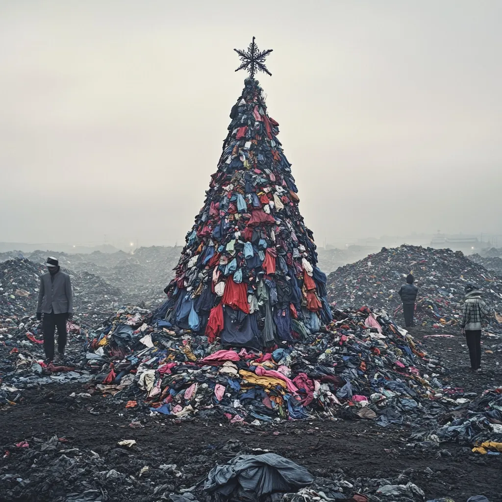 A somber image depicts a Christmas tree constructed entirely of discarded clothing, standing amidst a vast landscape of textile waste.  Three figures, small against the scale of the rubbish, observe the unsettling scene.  The muted colors and foggy atmosphere amplify the feeling of bleakness and environmental commentary, suggesting a reflection on consumerism and waste during the holiday season.  The star atop the clothing tree is a stark contrast to its base.