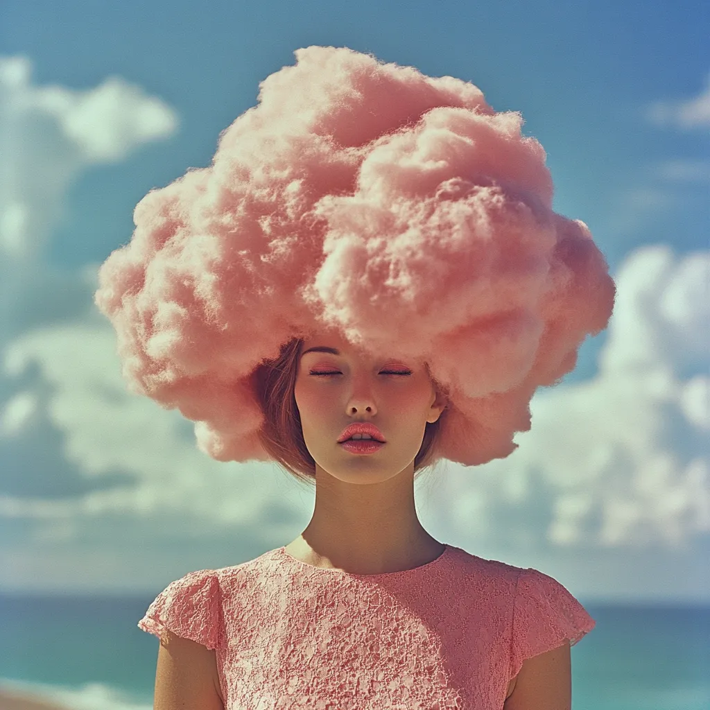Here's a description of the image:

A serene woman with her eyes closed stands against a bright blue sky dotted with clouds.  Her head is adorned with a large, fluffy, pink cloud-like structure that resembles cotton candy, obscuring her forehead and eyes. She wears a pale pink, lacy dress that complements the pastel tones of the overall image. The setting appears to be outdoors, near a body of water hinted at in the background. The photo has a dreamy, surreal, and slightly whimsical quality.