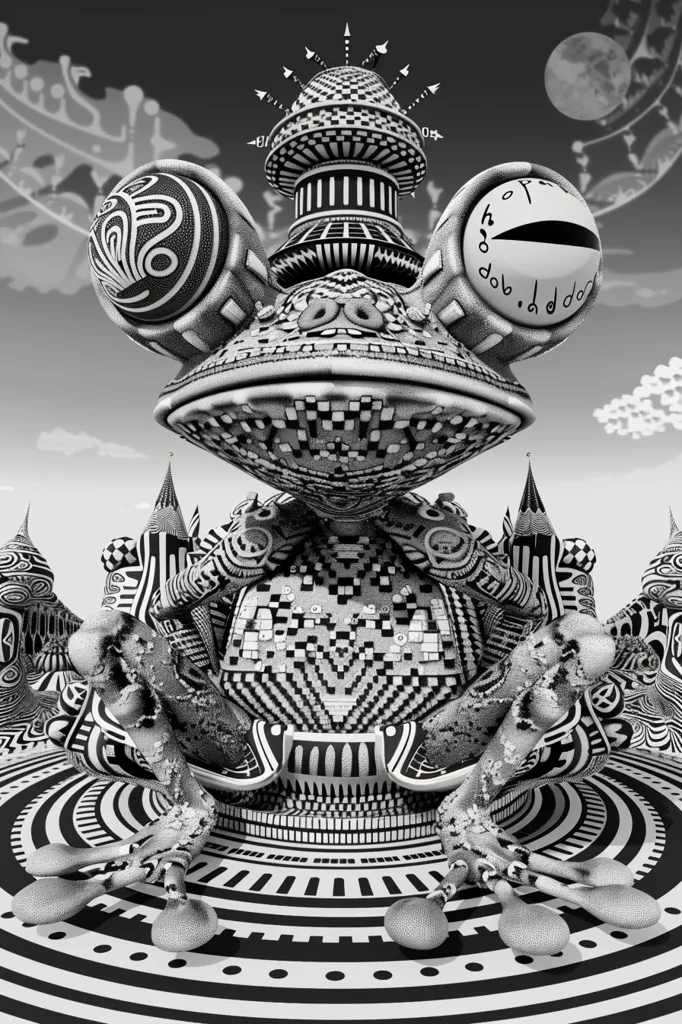 Here's a description of the image:

The image is a monochrome, stylized depiction of a frog-like creature.  Its body is intricately detailed with geometric patterns in black and white, resembling a complex architectural structure.  The frog sits on a circular platform, also adorned with geometric designs, within a larger, concentric circle pattern that extends to the image's edges. The background features a stylized moon and clouds, contributing to a surreal, dreamlike atmosphere.  The frog's head is topped with a tower-like structure, and its eyes are spherical and similarly patterned. The overall style is reminiscent of psychedelic art or intricate, tessellated designs.