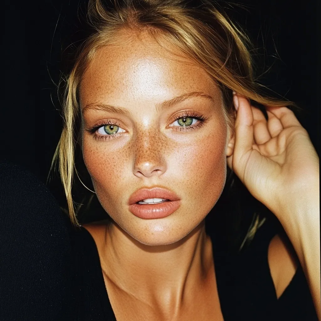 Close-up portrait of a young woman with sun-kissed skin and freckles.  Her blonde hair is loosely styled, framing her face. She has striking green eyes and a natural, subtly enhanced makeup look. Her hand gently touches her ear, creating an intimate and alluring pose against a dark background. The overall impression is one of natural beauty and effortless elegance.