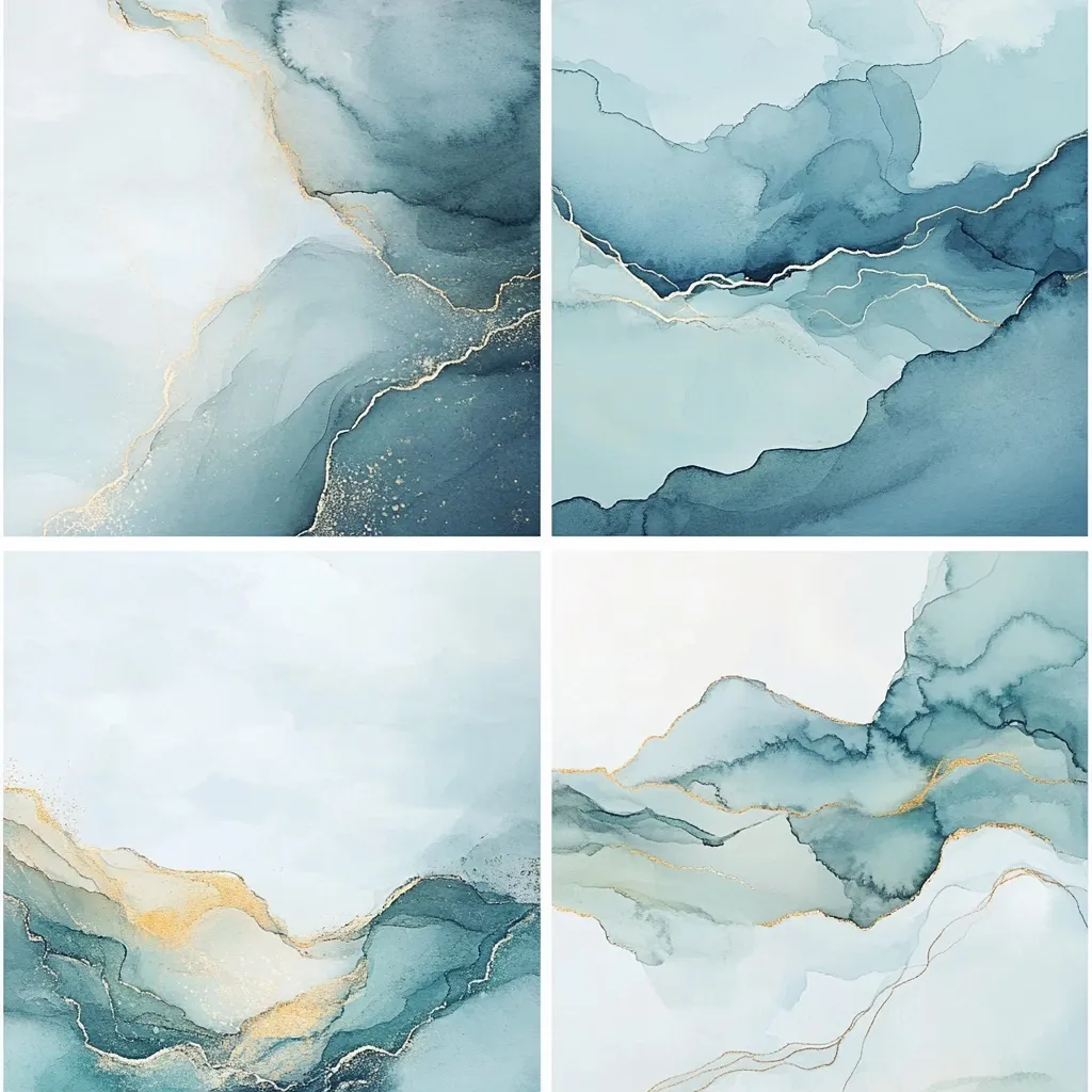 Here's a description of the image:

The image is a four-panel collage showcasing abstract watercolor art. Each panel features a unique yet cohesive design of swirling, translucent teal and blue hues, resembling a landscape of rolling hills or clouds.  Thin, gold lines accentuate the organic shapes within the washes of color, adding a touch of metallic elegance. The overall aesthetic is serene, calming, and evokes a sense of fluidity and tranquility.  The color palette is consistently muted, creating a sophisticated and harmonious composition.