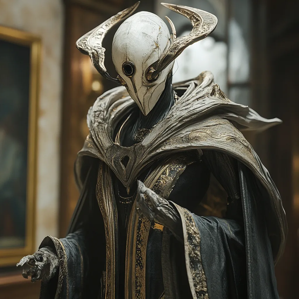 The image showcases a striking figure, possibly a digital rendering or sculpture, adorned in an elaborate, dark robe with gold accents.  The figure's head is a unique, pale mask-like design with curved horns and two circular eyeholes. The overall aesthetic blends fantasy and high fashion, suggesting a powerful or otherworldly being with a regal air.  The background subtly hints at a luxurious, possibly ancient setting.