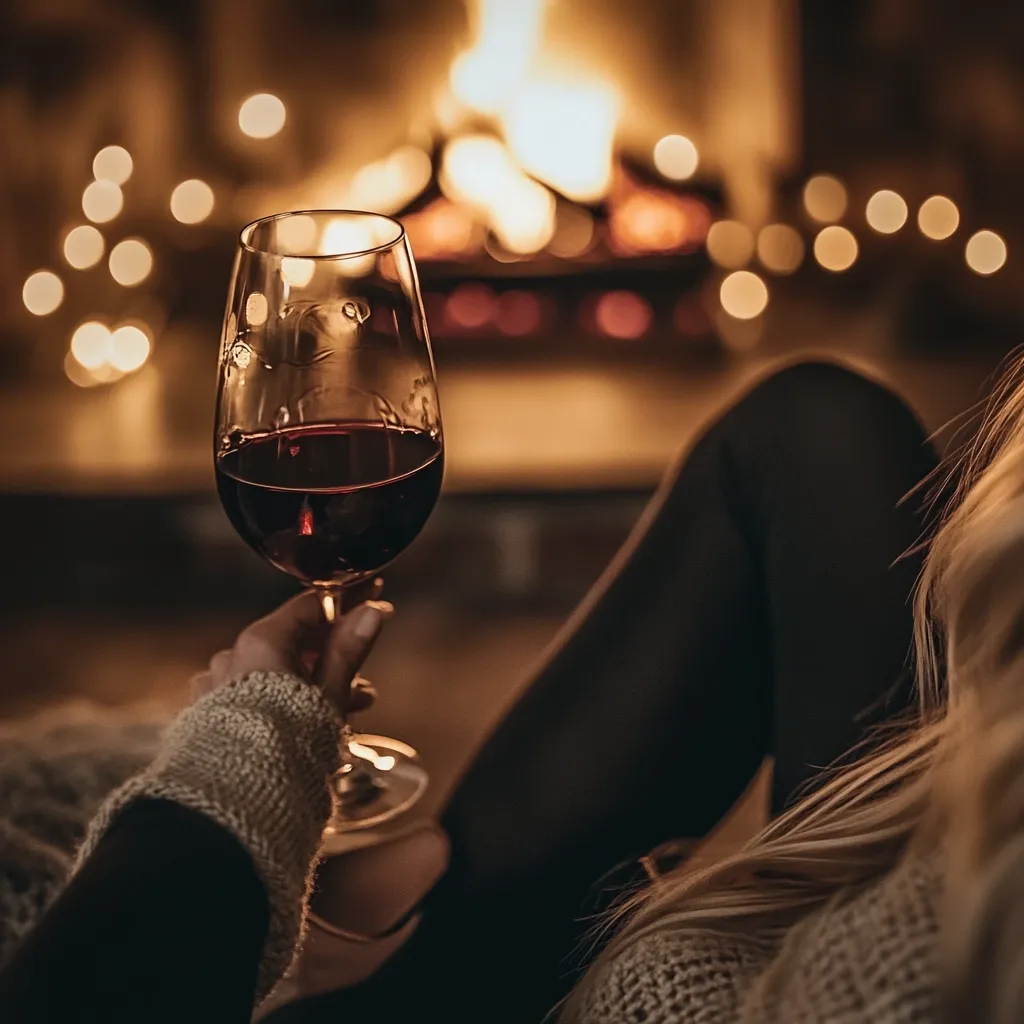 A woman's hand, adorned with a cozy knit sleeve, gently holds a glass of red wine. The wine shimmers in the warm, ambient light emanating from a nearby fireplace, blurred in the background.  Soft, bokeh-like lights add to the cozy atmosphere. The scene exudes warmth, relaxation, and quiet contemplation. The woman's long blonde hair drapes partially over her shoulder, completing the image of peaceful comfort.