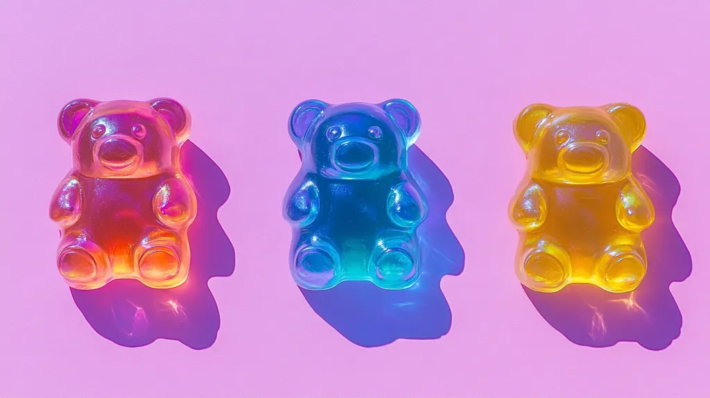 Three gummy bear candies in vibrant, iridescent colors are arranged on a pink background.  A pinkish-orange bear sits on the left, a teal bear in the center, and a yellow-gold bear on the right.  The gummy bears cast shadows, enhancing their translucent quality and the overall playful, brightly lit aesthetic. The image has a modern, visually appealing style.