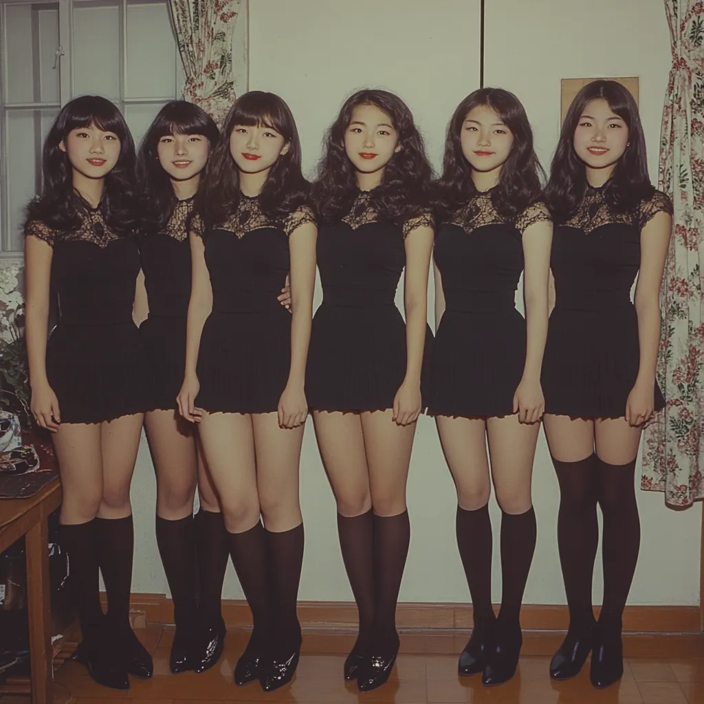 Five young women stand shoulder-to-shoulder, posing for a photograph.  They are uniformly dressed in identical black mini-dresses with lace detailing at the neckline, and black knee-high socks and shoes.  Their dark hair is styled similarly.  The image, likely taken in the late 20th century, has a vintage aesthetic, reminiscent of a school photograph or a promotional shot for a girl group.  The background is simple, featuring a wall and a partially visible window with curtains.