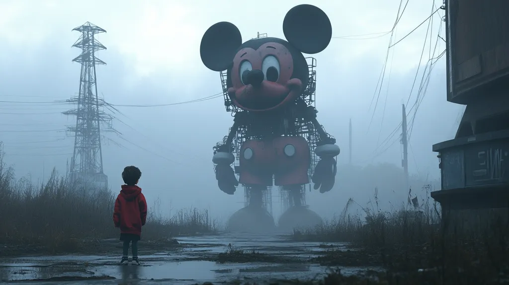 A young child in a red jacket stands on a desolate, foggy road, gazing at a colossal, decaying Mickey Mouse figure.  The giant is constructed of metal and appears weathered, shrouded in mist. The setting is post-apocalyptic, with overgrown vegetation and dilapidated structures, including a tall electricity pylon in the background, adding to the eerie atmosphere.  The contrast between the child's smallness and the imposing Mickey Mouse creates a sense of unease and scale.