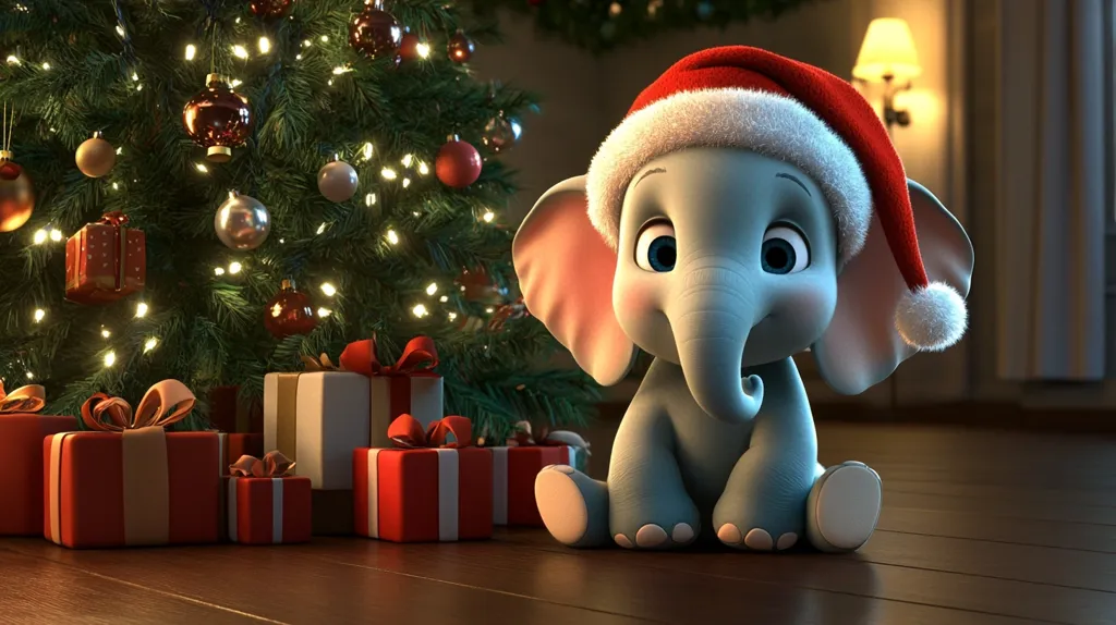 A charming, cartoon baby elephant, adorned in a Santa hat, sits amidst Christmas cheer.  It's positioned near a brightly lit Christmas tree laden with ornaments and surrounded by festively wrapped presents. The warm lighting and wooden floor create a cozy, holiday atmosphere. The scene is digitally rendered, showcasing a cute and heartwarming Christmas image.