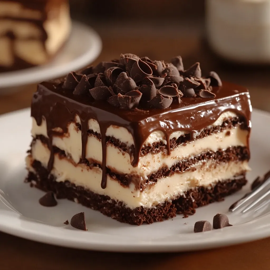 A decadent chocolate dessert takes center stage.  Layers of moist chocolate cake and creamy filling are generously drizzled with rich, dark chocolate ganache.  The top is adorned with chocolate shavings.  A few stray chocolate chips rest on the elegant white plate, enhancing the dessert's luxurious appeal.  A blurred portion of another dessert is visible in the background, suggesting a larger serving or other treats. The overall image evokes feelings of indulgence and sweetness.