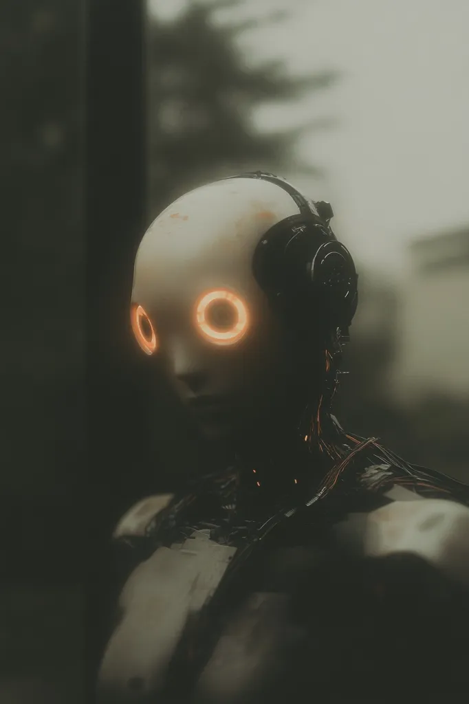 The image shows a close-up of a humanoid robot's head and shoulders. Its pale face features glowing orange rings in place of eyes, giving it an otherworldly appearance.  The robot wears dark headphones and has visible metallic wiring and internal components exposed along its neck and shoulders. The background is blurred, a muted grey-green, suggesting an outdoor setting or perhaps a futuristic, desolate environment. The overall mood is somber and slightly mysterious.