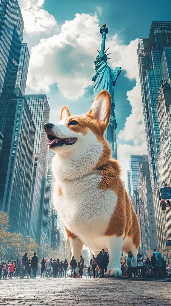 Here's a description of the image:

The image is a digitally manipulated photograph showing a giant corgi dog standing in the middle of a city street. The dog is enormous, dwarfing the surrounding skyscrapers and people.  The Statue of Liberty is visible in the background, further emphasizing the dog's immense size. The scene is surreal and playful, contrasting the mundane cityscape with the fantastical scale of the corgi.  The city is modern, with tall glass and steel buildings.  Numerous people are shown as tiny figures around the corgi's massive legs.  The overall style is vibrant and attention-grabbing.
