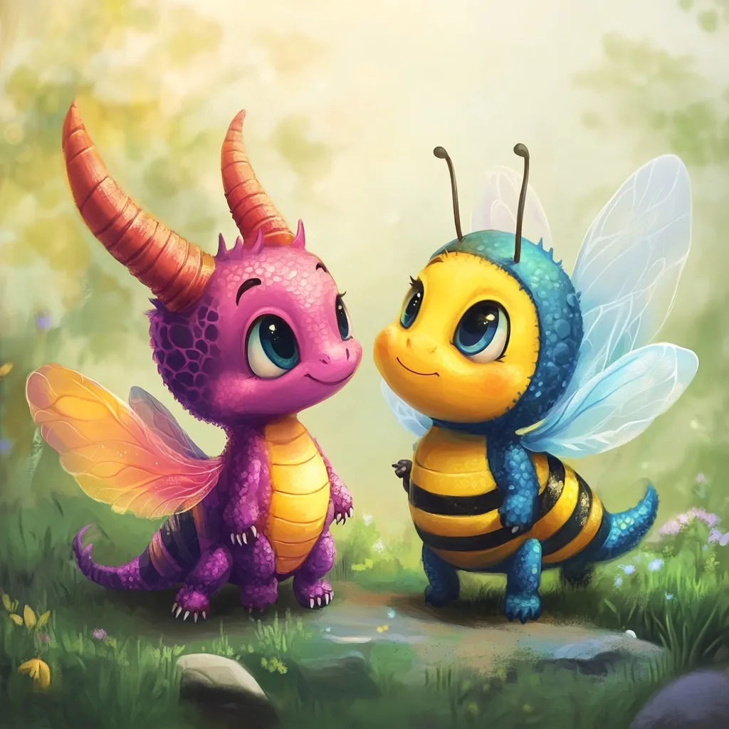 Here's a description of the image:

The illustration features two adorable, cartoonish creatures.  One is a small, purple dragon with orange horns and iridescent, butterfly-like wings. The other is a bee-like character with a yellow body, black stripes, blue wings, and large, expressive eyes. Both creatures are depicted standing side-by-side in a lush, grassy area, appearing friendly and possibly engaged in a sweet interaction. The style is digitally painted, with soft lighting and vibrant colors creating a whimsical, charming scene. The background is softly blurred, drawing focus to the central characters.