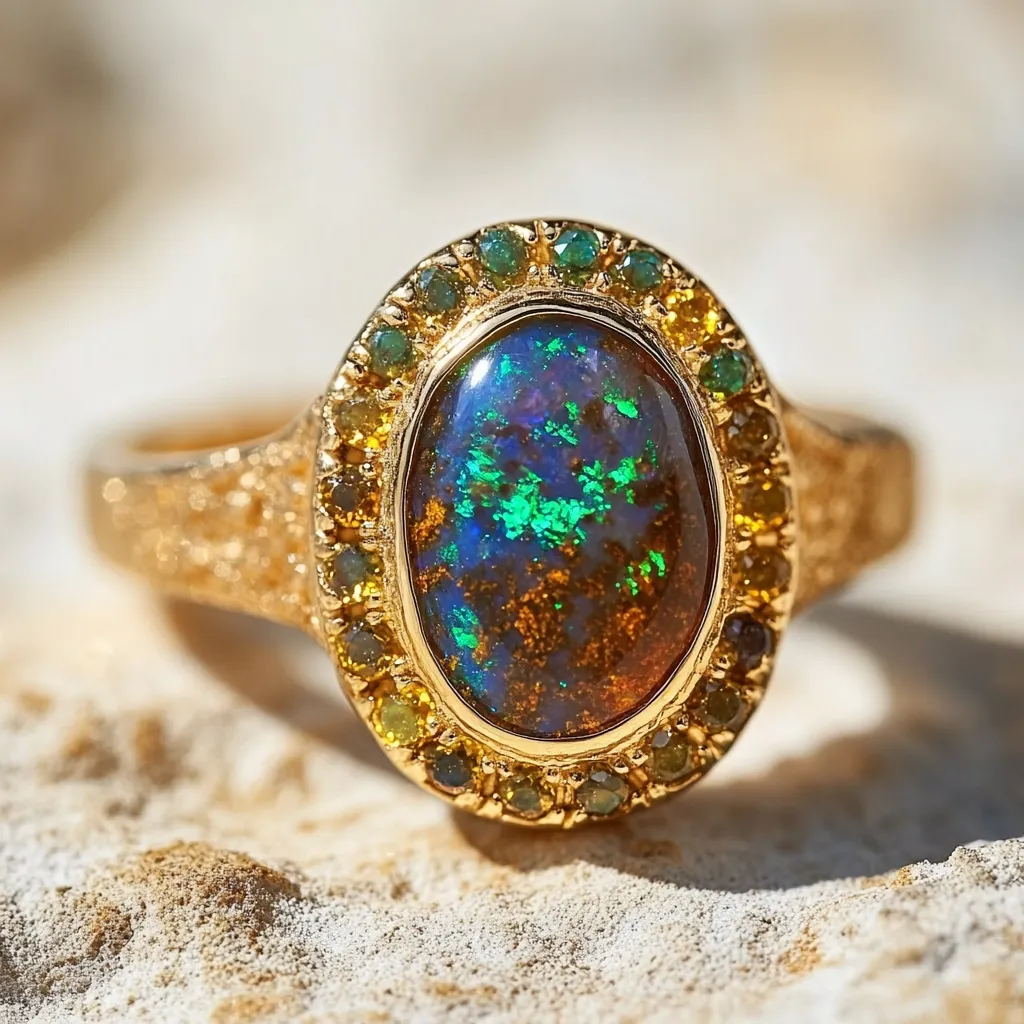 Here's a description of the image:

Close-up view of a gold ring featuring a striking oval opal as its centerpiece. The opal displays a mesmerizing play of colors, predominantly dark blues, greens, and browns.  The opal is encircled by a halo of smaller, multicolored gemstones, likely diamonds or other precious stones, in shades of yellow and green. The gold band itself has a textured, slightly rough surface, adding to the ring's rustic elegance. The ring rests on a light-colored, textured surface, possibly stone or rock, which provides a neutral background that accentuates the ring's beauty.  The lighting highlights the gemstone's iridescence and the gold's lustrous quality.