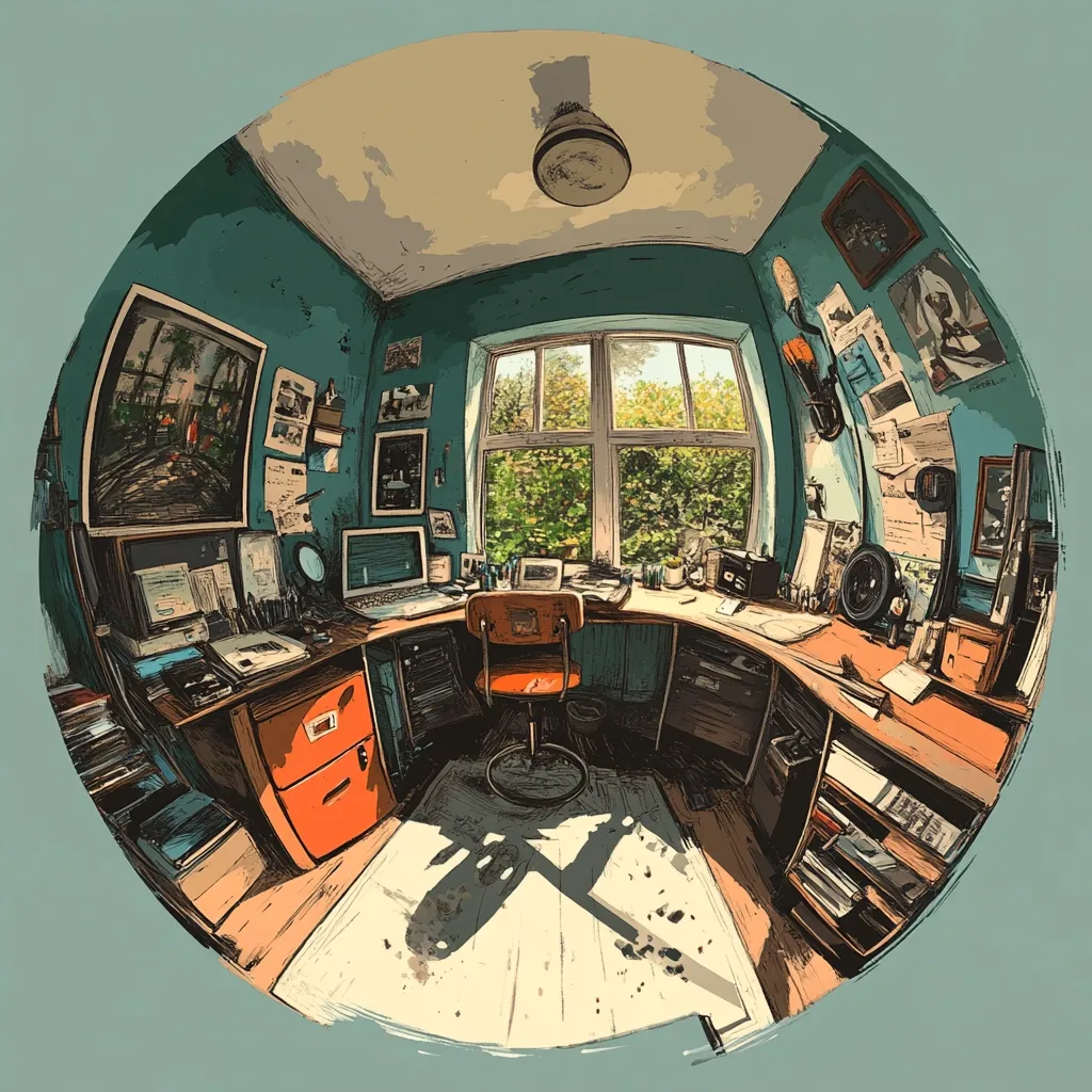 This fisheye-lens image depicts a cluttered but cozy home office.  The room is teal, with a large window overlooking a sun-drenched garden. A large desk curves around the room, laden with a laptop, papers, and various objects. An orange chair sits before the desk.  The walls are adorned with framed artwork, photos, and papers, creating a lived-in and creative atmosphere. The overall style is reminiscent of a stylized illustration or comic book panel.