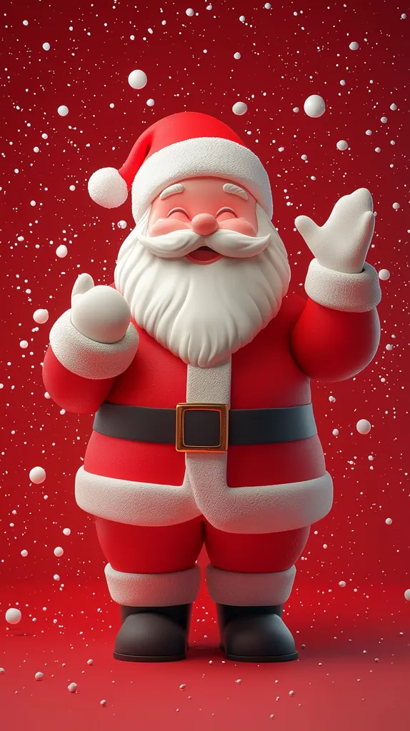 A cheerful, 3D-rendered Santa Claus stands against a red background speckled with white snow.  He's dressed in his traditional red suit with white fur trim, a black belt buckle, and black boots.  His jolly expression and welcoming wave suggest festive cheer. The overall style is cute and cartoonish, perfect for a holiday greeting card or advertisement.  The falling snow adds to the magical winter atmosphere.