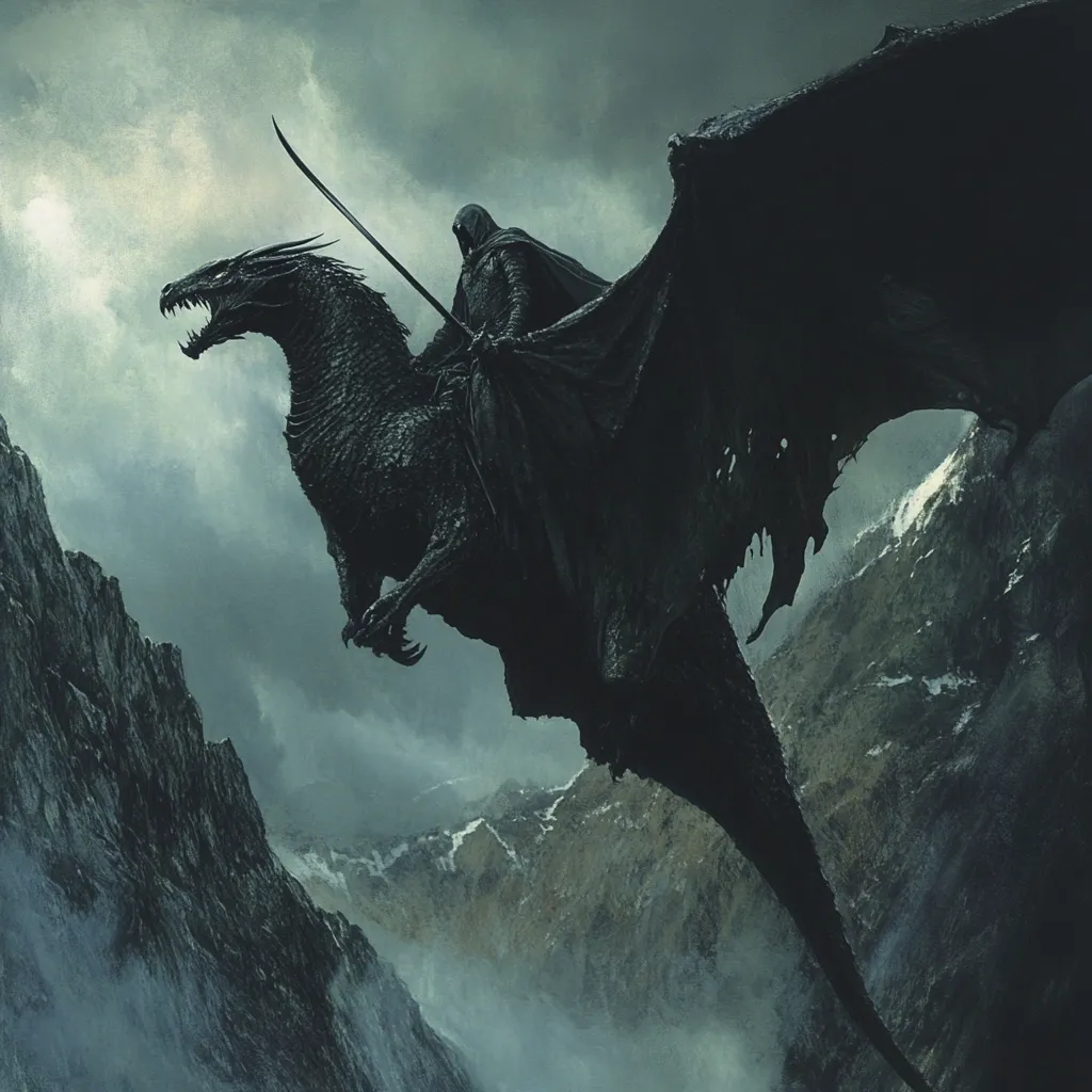 A dark, hooded figure sits astride a massive black dragon, soaring between imposing, snow-capped mountains under a stormy sky. The dragon's wings are immense, its form powerful and menacing. The rider holds a long spear, their cloak billowing slightly in the wind. The overall mood is one of foreboding and epic fantasy, the scene suggestive of a dark lord or powerful sorcerer in flight. The color palette is predominantly dark grays and blacks, enhancing the ominous atmosphere.