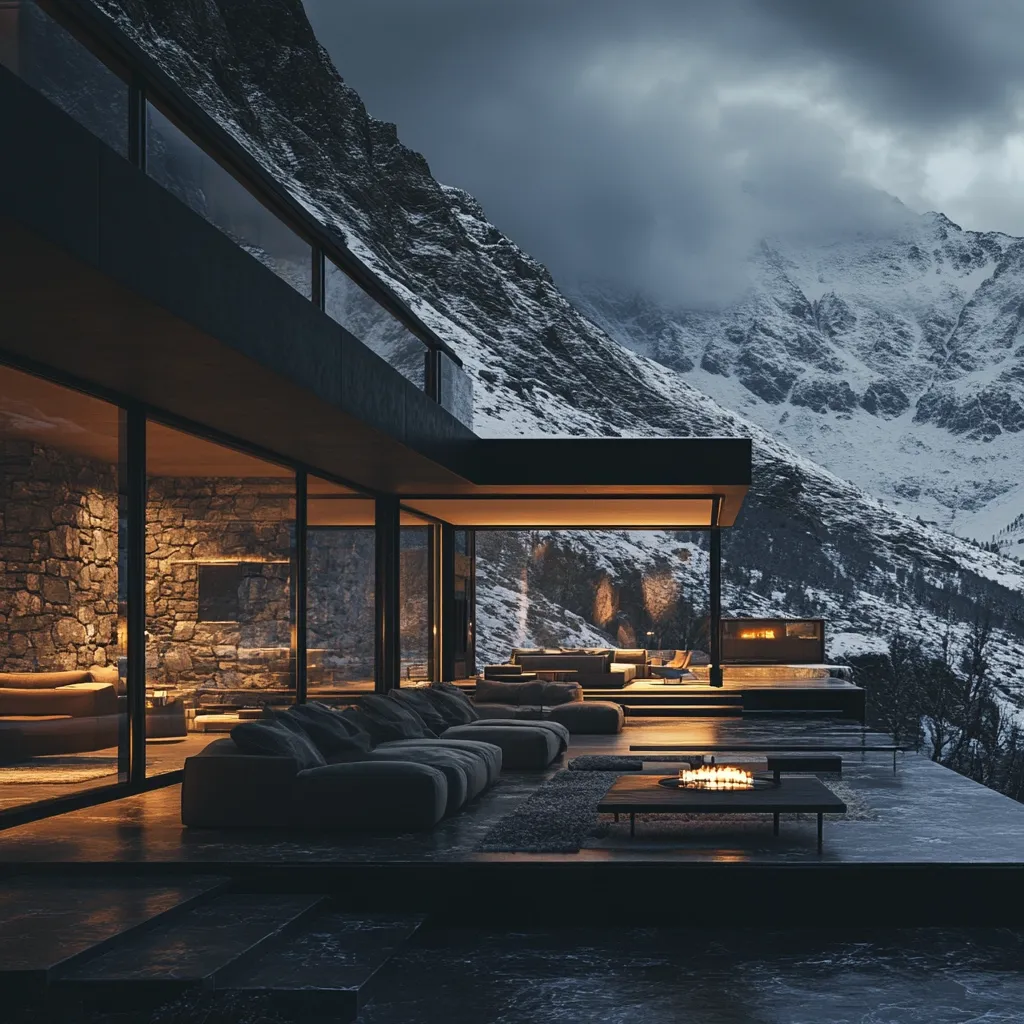 Here's a description of the image:

A stunning modern home is nestled into a snow-capped mountainside.  The structure features large, dark windows offering panoramic views of the dramatic landscape. Inside, plush dark grey seating is arranged around a low fire pit on a expansive patio. The interior is warmly lit, highlighting a stone wall and a sleek, minimalist design. The overall mood is one of serene luxury and breathtaking natural beauty.  The dark exterior contrasts beautifully with the bright snow and cloudy sky.