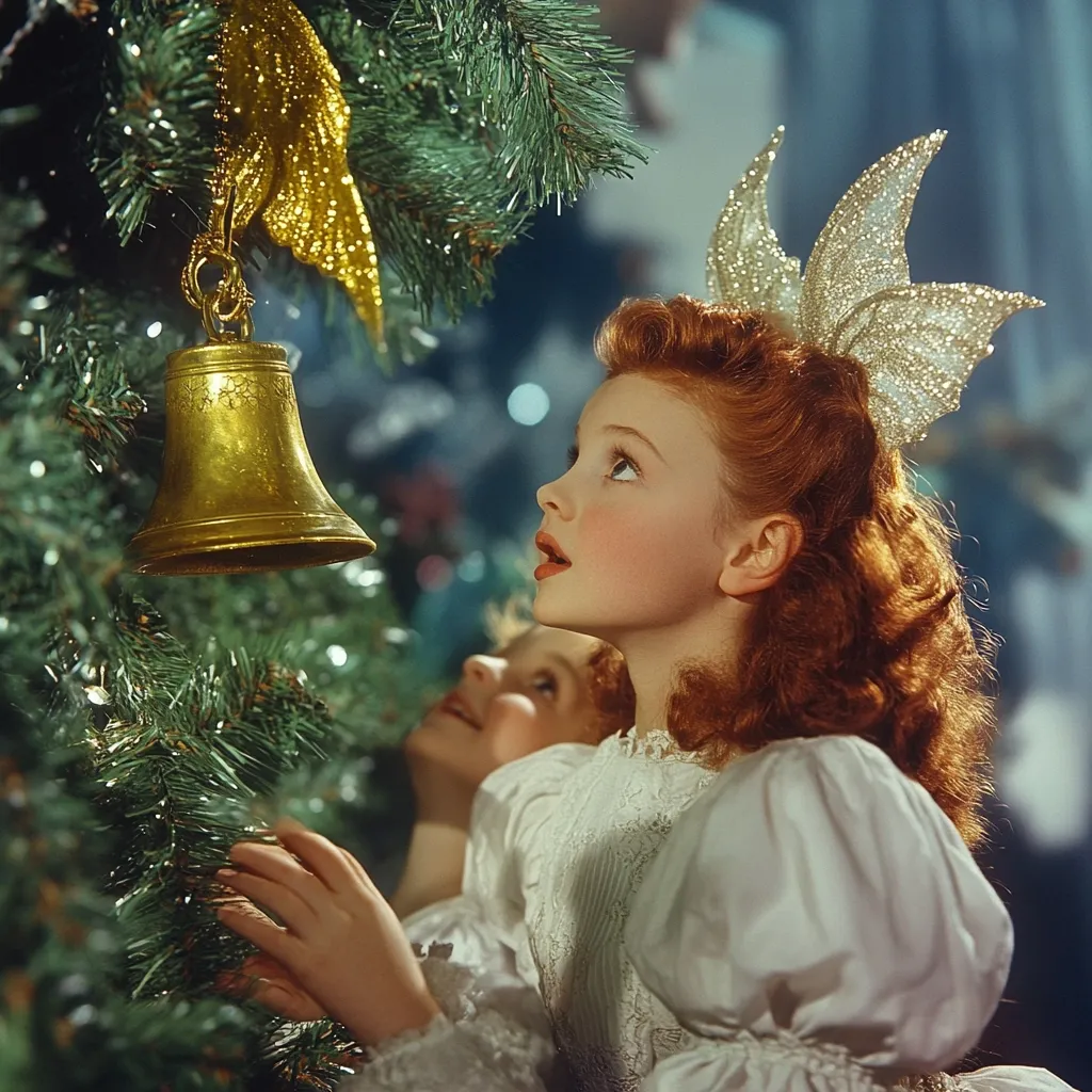 A young girl with vibrant red hair, adorned with sparkling, butterfly-shaped hair clips, gazes up at a golden bell ornament hanging from a Christmas tree.  She's dressed in a white, lacy dress, and another child is visible behind her, also looking at the tree. The scene is bathed in soft, warm light, evoking a nostalgic and magical Christmas atmosphere.  The focus is on the girl's wonder and the festive decorations.