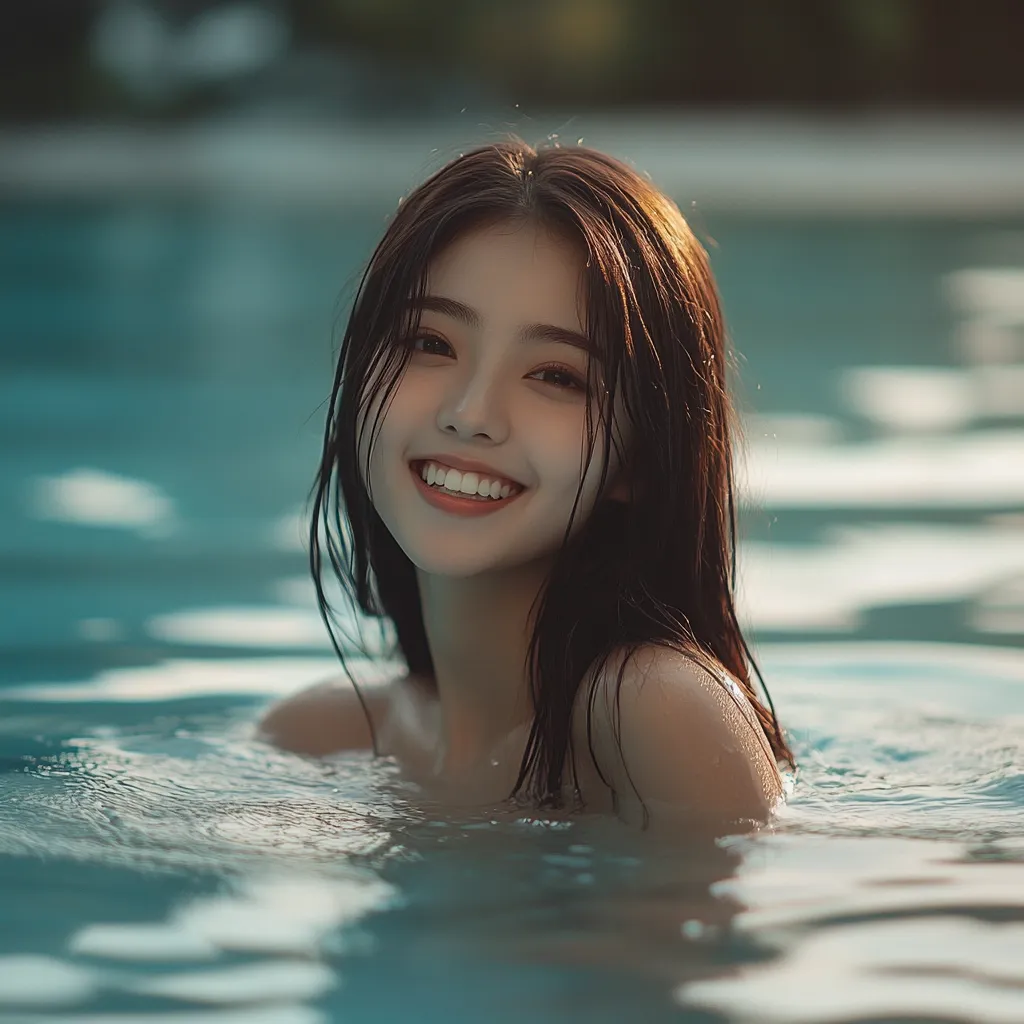 Here's a description of the image:

The photo shows a young woman with long, dark brown hair, partially submerged in a swimming pool.  Her hair is wet, clinging to her shoulders. She's smiling broadly, revealing a bright, even set of teeth.  Her skin is fair, and her expression is one of cheerful contentment.  The pool water is a clear, teal color, and the background is softly blurred, suggesting a sunny outdoor setting. The overall mood is serene and idyllic.