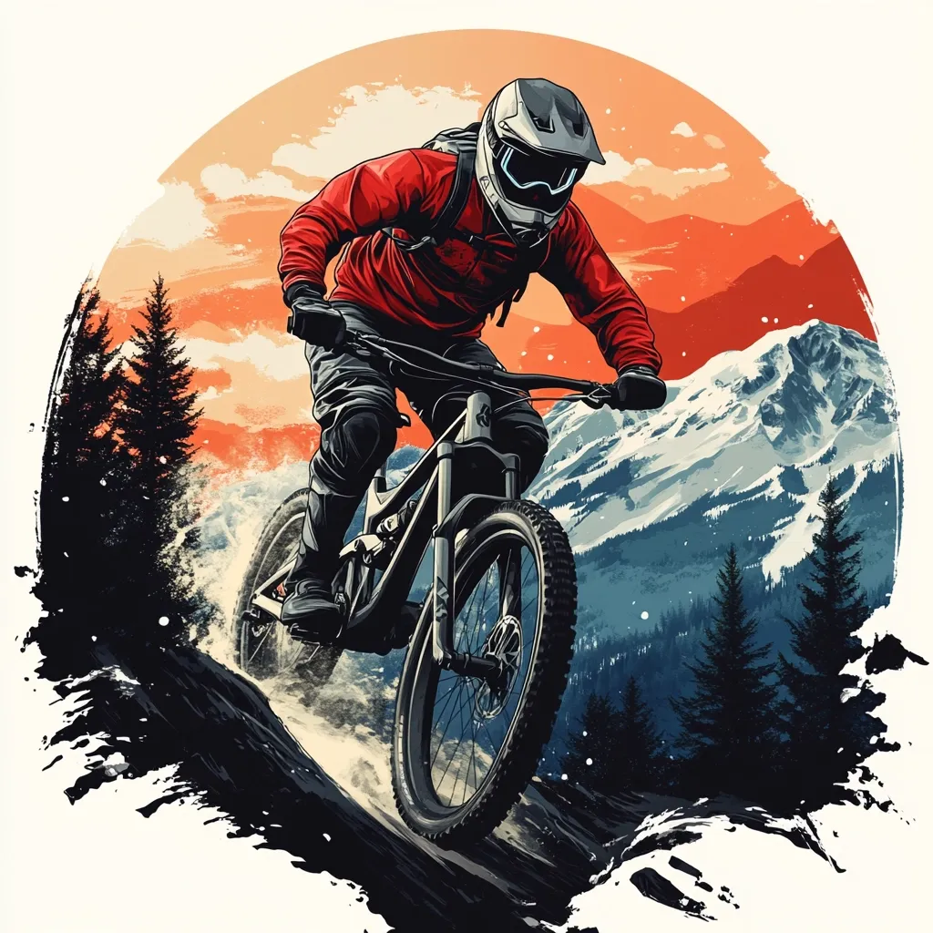 A dynamic illustration depicts a mountain biker in full gear, navigating a snow-dusted mountain trail.  The rider, clad in a red jacket and helmet, leans into a descent against a backdrop of a vibrant sunset and snow-capped peaks.  The scene is framed within a circular composition, featuring stylized brush strokes at the edges, adding to its artistic and energetic feel.  The overall mood is adventurous and exhilarating.