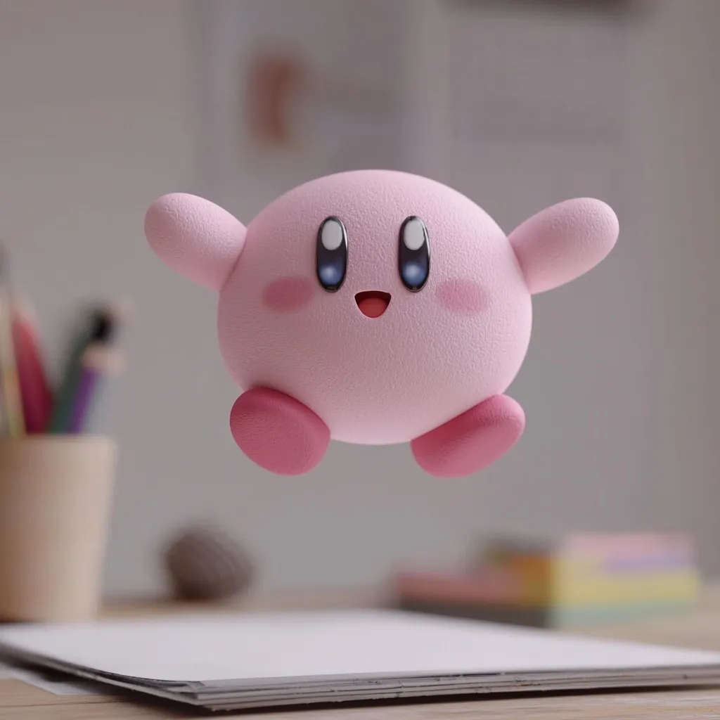 A charming 3D rendering of Kirby, the beloved Nintendo character, floats above a desk.  Kirby's signature pink hue and large, expressive eyes are highlighted.  The background is softly blurred, showing a minimalist workspace with art supplies and a stack of papers.  The overall scene is calm and cheerful, emphasizing Kirby's cute and playful nature.