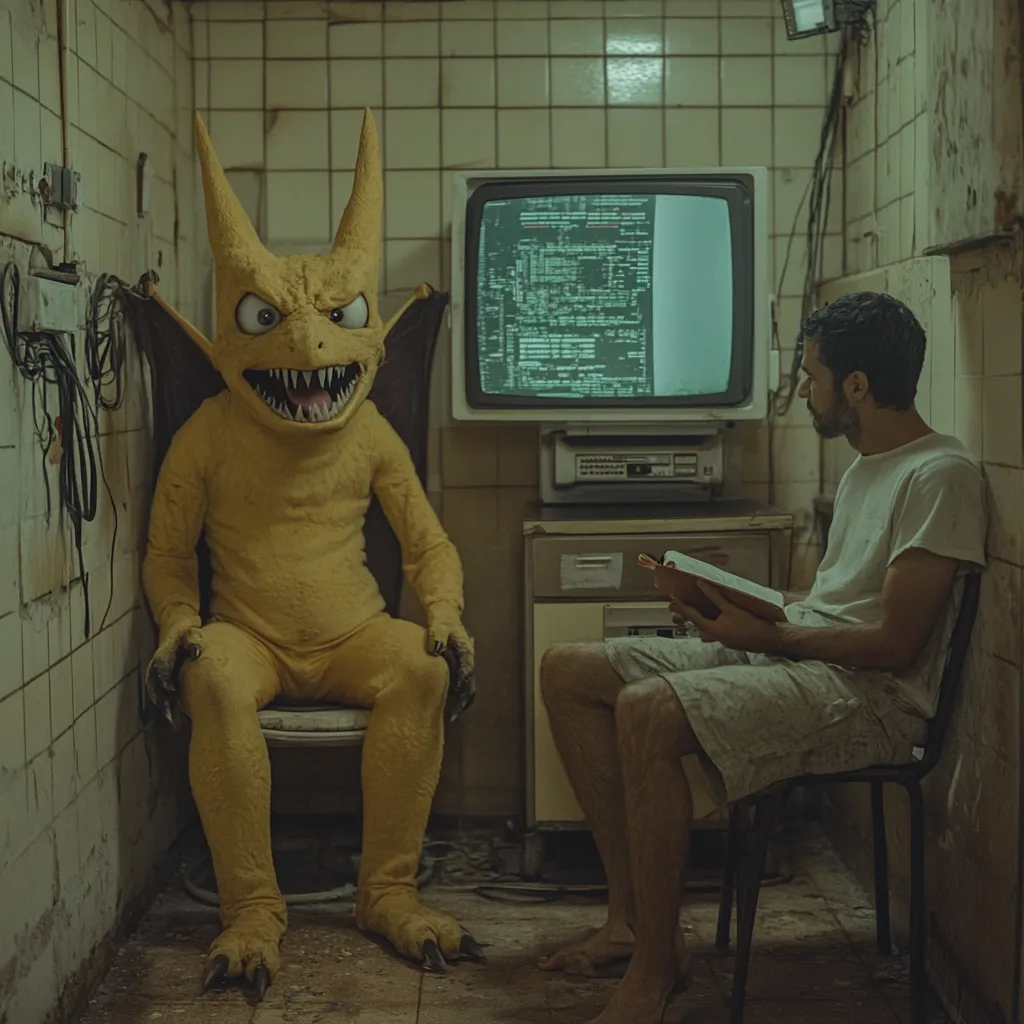 Here's a description of the image:

The photo shows a man sitting on a chair in a dilapidated, tiled room, reading a book.  Opposite him sits a creature resembling a yellow, demonic-looking lizard or monster in a costume, perched on a toilet.  An old CRT monitor displays green computer code. The room's ambiance is dimly lit, gritty, and unsettling, suggesting a surreal or possibly dystopian setting.  The contrast between the mundane act of reading and the bizarre presence of the creature creates a strange and captivating scene.