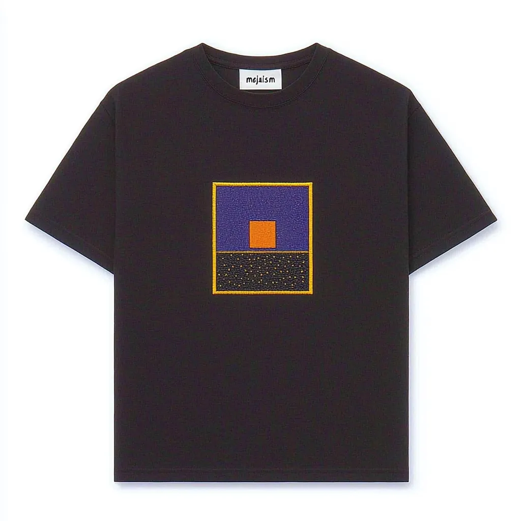 Here's a description of the image:

The image shows a dark-colored, short-sleeved t-shirt.  The shirt features a small, embroidered rectangular design on the chest. This design is a minimalist composition of a small orange square sitting atop a textured purple rectangle, which in turn rests on a black background speckled with gold dots, all framed in a thin golden border.  The brand label "m6jalsm" is visible inside the neckline. The t-shirt is presented on a white background.