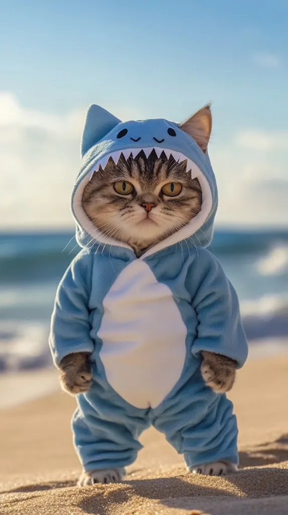 Here's a description of the image:

A tabby cat, wearing a light blue shark onesie, stands on a sandy beach against a backdrop of a calm ocean and clear sky. The cat's expression is serious, almost grumpy, contrasting with the playful costume. The onesie features a cute shark face with a toothy grin. The sand is lightly textured, and the overall lighting suggests a sunny day. The image is well-lit, focusing on the cat in the center, creating a heartwarming and slightly humorous scene.