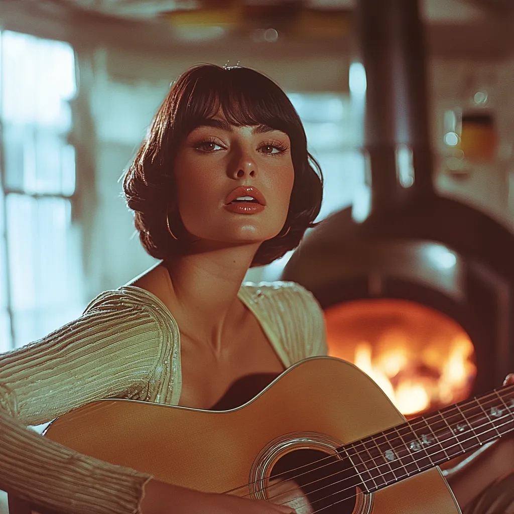 Here's a description of the image:

Close-up view of a young woman with a bob haircut, wearing a light beige cardigan.  She's holding an acoustic guitar, her gaze directed slightly away from the camera, creating a pensive mood.  The background is blurred but shows a warm, inviting ambiance with a fireplace glowing brightly, suggesting a cozy, intimate setting. The overall tone is warm and nostalgic, with a vintage aesthetic.  The woman's makeup is subtle yet striking, complementing her soft features. The image has a cinematic quality.