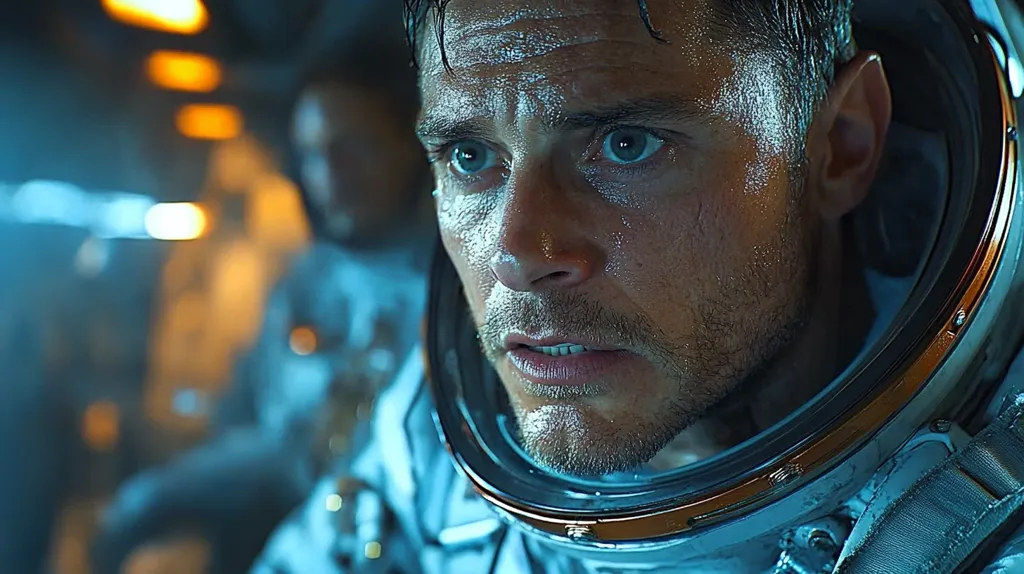 Close-up of a sweating astronaut's face, partially visible within a spacesuit helmet.  His expression is one of intense focus or worry, his eyes wide and his mouth slightly open.  The background is blurred but shows a dim, possibly spacecraft, interior with another astronaut figure out of focus.  The overall color palette is cool-toned, dominated by blues and grays, with hints of warm orange light in the background. The image suggests a tense or critical moment within a space mission.