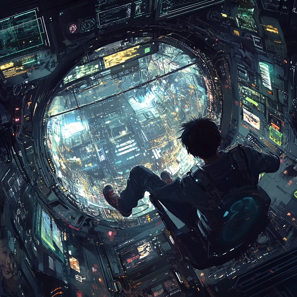 The image depicts a person seated in a futuristic spacecraft, gazing down at a sprawling, illuminated city far below.  The circular viewport dominates the scene, offering a breathtaking panoramic view of the city's intricate network of buildings and glowing lights. The spacecraft's interior is densely packed with technological interfaces and consoles, creating a sense of advanced technology and complexity. The scene is rendered in a vibrant, highly detailed style, characteristic of science fiction art. The overall mood is one of awe and wonder, highlighting the juxtaposition of humanity and futuristic technology against the backdrop of a vibrant metropolis.