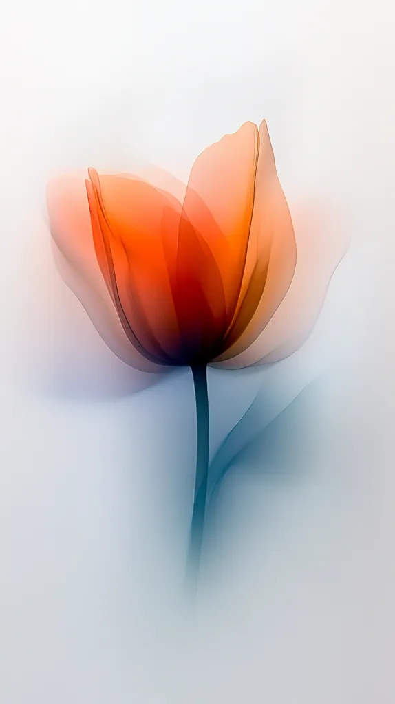 The image is an ethereal depiction of a single tulip.  Rendered in soft, translucent colors, the flower appears almost ghostlike against a hazy, off-white background.  The petals are a blend of orange and peach, with hints of deeper red tones visible within the layers.  The stem is a dark teal, subtly blurred to maintain the overall dreamy, almost watercolor-like effect. The overall impression is one of delicate beauty and quiet serenity.
