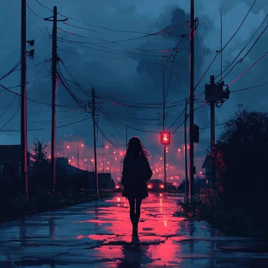 A lone figure, a young woman with long hair, walks down a rain-slicked street at dusk.  The street is dimly lit by distant lights and a red traffic signal overhead, casting a crimson glow on the wet pavement.  Power lines crisscross the sky, adding to the melancholic, atmospheric mood.  The overall tone is dark and evocative, suggestive of solitude and introspection.