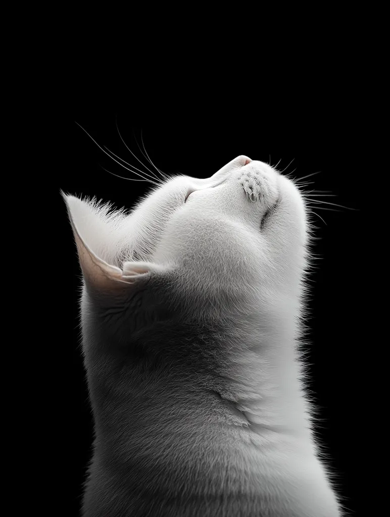 Here's a description of the image:

Close-up view of a white cat, its body tilted upward, facing the sky. Its eyes are closed, suggesting a peaceful or sleepy state. The fur appears soft and fluffy.  The background is pure black, creating a stark contrast and emphasizing the cat's white coat. The image has a dramatic, almost artistic quality, highlighting the cat's texture and form.  The cat's whiskers are visible, extending outward. The overall impression is one of serenity and elegance.