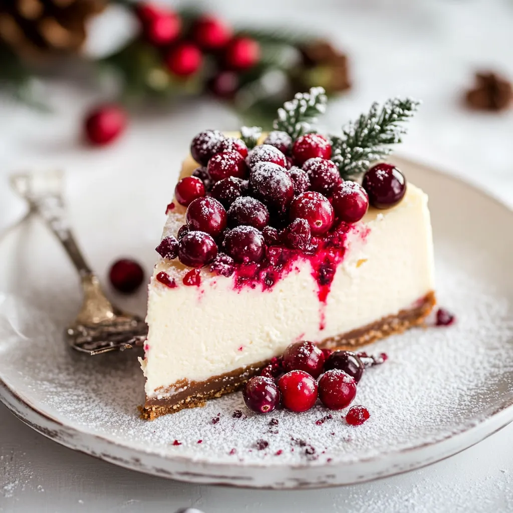A slice of creamy cheesecake sits on a white plate, dusted with powdered sugar.  The cheesecake is topped with a generous serving of fresh cranberries, glistening with a berry sauce and a dusting of powdered sugar. A small sprig of evergreen adds a festive touch.  More cranberries are scattered on the plate around the slice. The overall presentation is elegant and evokes a holiday feeling.