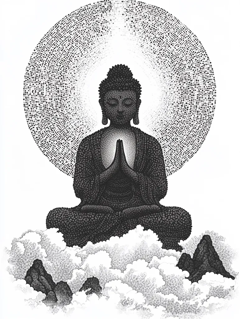 Here's a description of the image:

The image is a pointillist drawing of a Buddha figure seated in the lotus position atop a cloud, surrounded by stylized mountains.  The Buddha's hands are pressed together in prayer, and a radiating light emanates from his chest.  He is centrally positioned within a large, circular halo composed of densely packed dots, which gradually thin towards the outer edges, creating a sense of luminosity. The entire piece is rendered in monochrome black and white, using varying densities of dots to create shading and depth. The style evokes a feeling of serenity and spiritual contemplation.