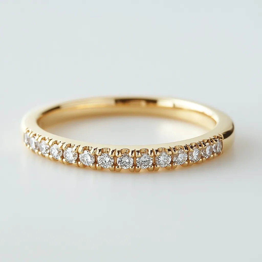 A delicate gold band encircles a row of small, sparkling diamonds. The band is thin and sits close to the finger, showcasing the precision of the setting.  The diamonds are evenly spaced, creating a continuous line of light. The overall impression is one of understated elegance and refined simplicity. The image is clean and well-lit, highlighting the ring's details.