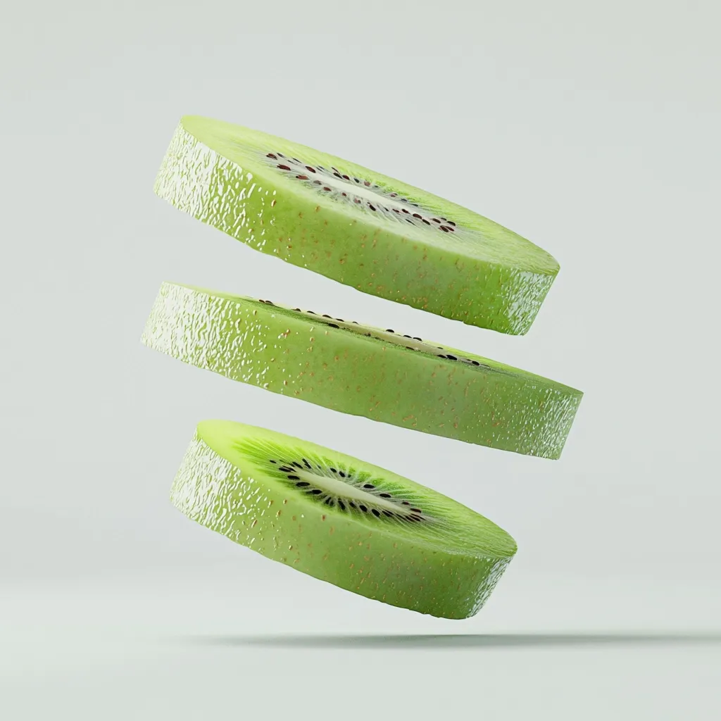 Three perfectly round slices of kiwi fruit appear to hover against a minimalist, light gray background.  The slices are stacked slightly off-center, creating a dynamic visual. The vibrant green flesh and dark seeds of each kiwi slice are clearly visible, showcasing the fruit's juicy texture. The image suggests freshness and a clean, healthy aesthetic.