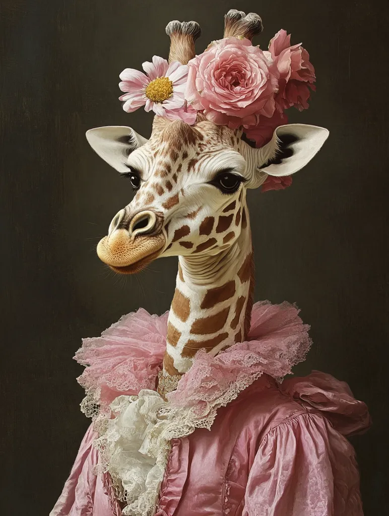 Here's a description of the image:

The image is a digitally created portrait of a giraffe dressed in elegant attire.  The giraffe, adorned with a crown of pink roses and daisies, wears a delicate pink ruffled blouse with a lace cravat.  The style evokes 18th-century portraiture, with a dark, moody background that contrasts with the giraffe's soft, pastel clothing and floral headdress.  The giraffe’s expression is serene and dignified, adding to the whimsical yet sophisticated feel of the piece. The artist's skill is evident in the detailed rendering of both the animal and the fabrics.