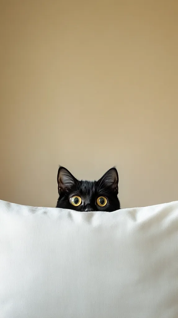 Here is a description of the image:

A black cat with bright yellow eyes peeks over the top of a white pillow against a light beige background. Only the cat's head and ears are visible above the pillow.  The cat's expression is alert and curious. The image is simple, clean, and features a high contrast between the black fur, yellow eyes, and white pillow. The background is uncluttered, drawing focus to the playful cat. The overall mood is lighthearted and slightly mischievous.