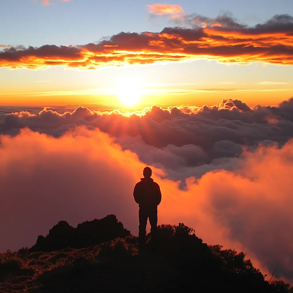 A lone figure silhouetted against a breathtaking sunset stands atop a mountain peak.  The sun, a fiery orb, dips below a boundless sea of clouds, painting the sky in vibrant oranges and reds. The clouds below stretch to the horizon, a vast, ethereal expanse bathed in the golden light. The scene evokes a sense of solitude, awe, and the vastness of nature.