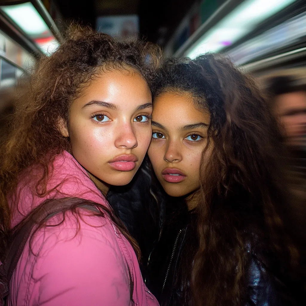 Close-up shot of two young women with long, dark, curly hair.  The woman on the left wears a pink puffer jacket, while the woman on the right is in a black leather jacket.  They are positioned intimately close, their faces nearly touching. The background is blurred, suggesting a motion-blurred subway or train setting. The lighting is somewhat dim, focusing attention on the girls' expressive eyes and features.  Their similar features and close proximity emphasize a sense of sisterhood or close friendship.
