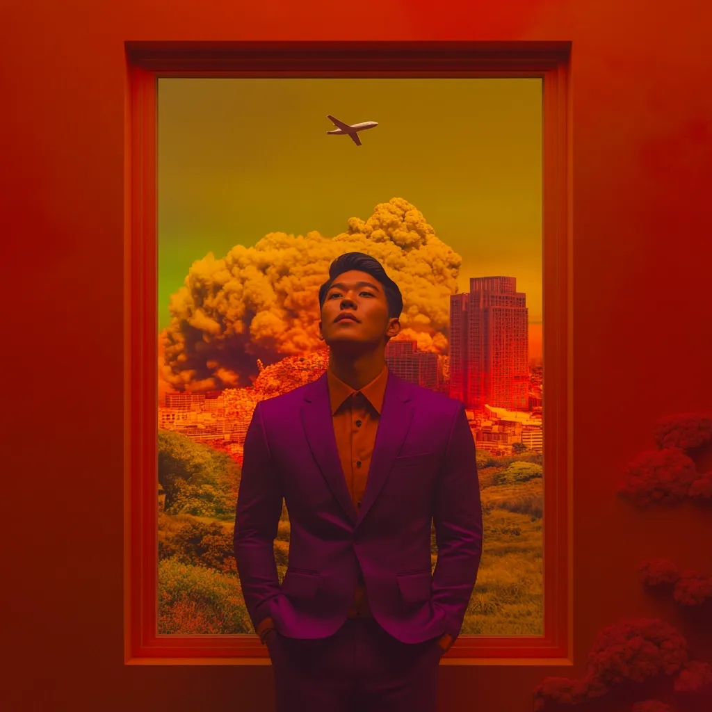 A man in a purple suit stands in a doorway, gazing upwards at a plane against a fiery, apocalyptic cityscape.  A large plume of smoke obscures part of the city in the surreal, almost dreamlike image. The overall color palette is dominated by intense oranges and reds, creating a dramatic and ominous atmosphere. The contrast between the man's composure and the destruction outside the window is striking.  The scene is framed by a bright orange wall, further emphasizing the unsettling juxtaposition.