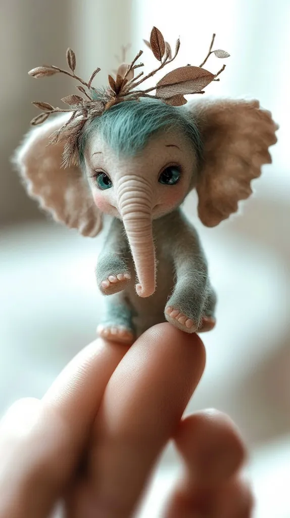 Here's a description of the image:

Close-up view of a miniature elephant figurine delicately perched on a person's fingers. The elephant is crafted with soft, light-colored fur, and possesses large, expressive blue eyes. Its small trunk is intricately detailed.  A crown of delicate, gold-toned leaves adorns its head, adding to its whimsical charm.  The elephant's teal-colored hair adds a pop of color. The background is softly blurred, drawing focus to the adorable figurine.  The overall impression is one of delicate artistry and gentle charm.
