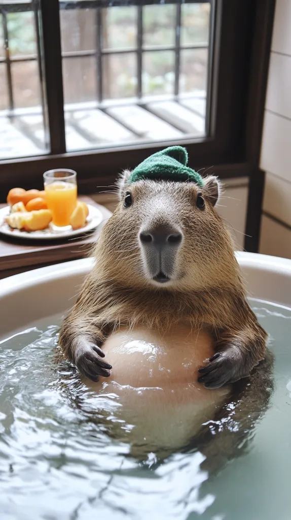 Here's a description of the image:

A capybara, wearing a small green hat, sits serenely in a bathtub filled with water.  Its plump belly is partially submerged, and its paws rest gently on its abdomen. The capybara gazes directly at the camera with a calm expression.  A small plate with sliced oranges and a glass of orange juice sits on a nearby surface, partially visible in the background. The setting appears to be a well-lit bathroom with a large window overlooking a snowy, wintry scene. The overall tone is peaceful and slightly humorous.
