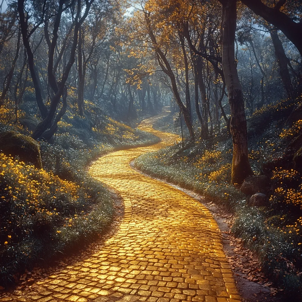 A winding, golden yellow brick road meanders through a mystical forest.  The path, seemingly paved with cobblestones, curves gently through a landscape of dark, slender trees and bright yellow wildflowers lining its edges.  A soft, ethereal light filters through the branches, casting a warm glow on the path, creating an idyllic, almost dreamlike scene reminiscent of a fairytale. The overall atmosphere is peaceful and inviting.