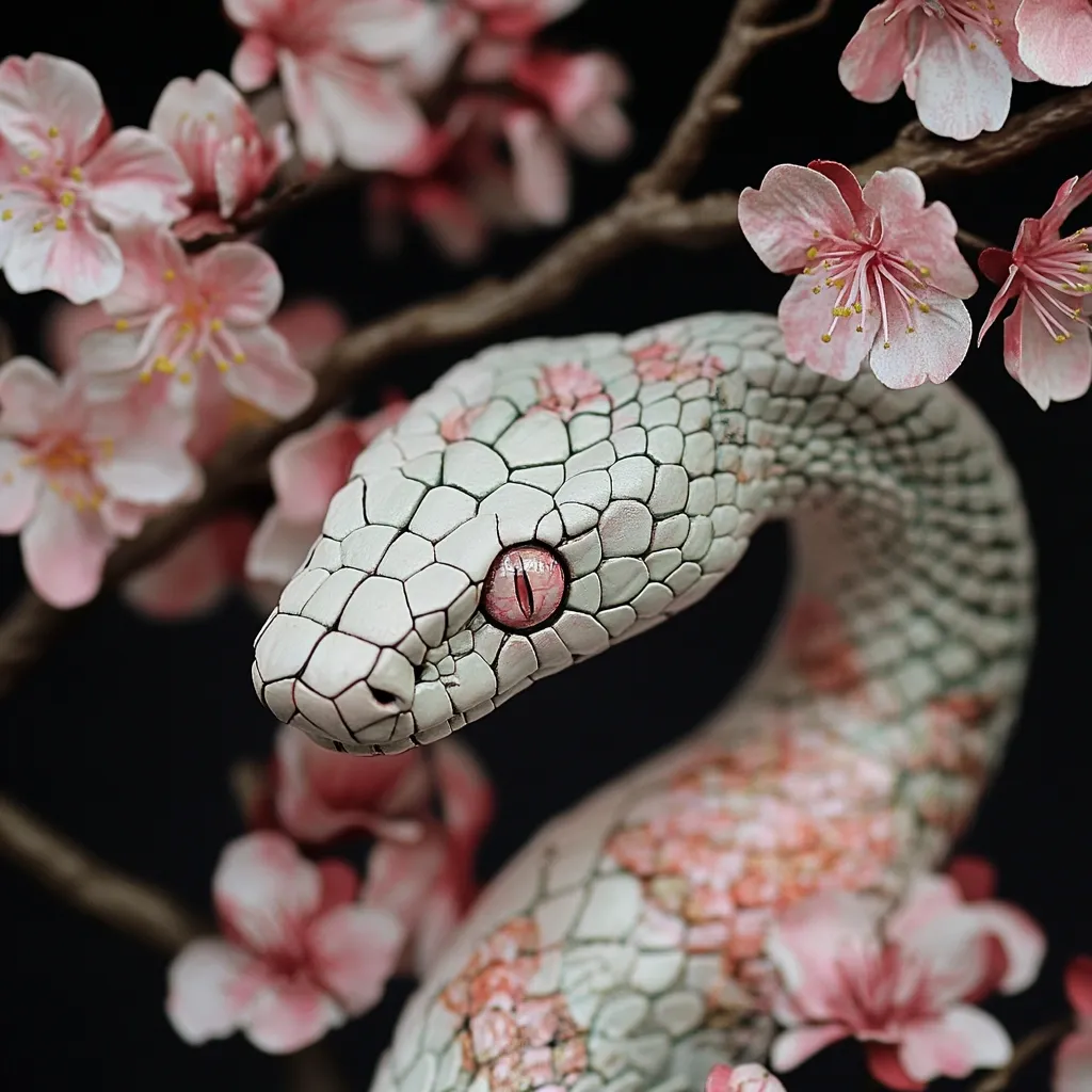 Close-up view of a meticulously crafted snake sculpture.  The snake's pale, textured skin is adorned with delicate, pink cherry blossoms, mirroring the blossoming branch it's coiled around.  The snake's eye is a striking, intense red, contrasting with the soft pastel tones of the flowers and its body.  The dark background accentuates the details of the sculpture, creating a striking contrast and highlighting the artistry.  The overall aesthetic is serene yet captivating, blending nature's beauty with artistic skill.