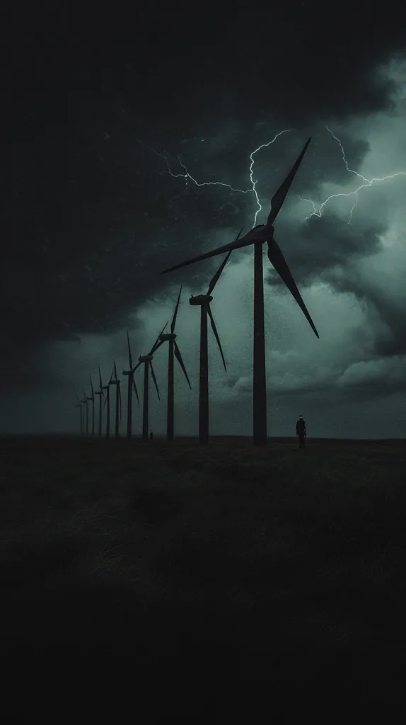A lone figure stands in a dark, desolate landscape beneath a stormy sky. A line of wind turbines stretches towards the viewer, their silhouettes stark against the ominous clouds.  Lightning dramatically illuminates the scene, emphasizing the powerful forces of nature juxtaposed with the man-made structures. The overall mood is one of isolation and awe-inspiring, yet slightly menacing, power.