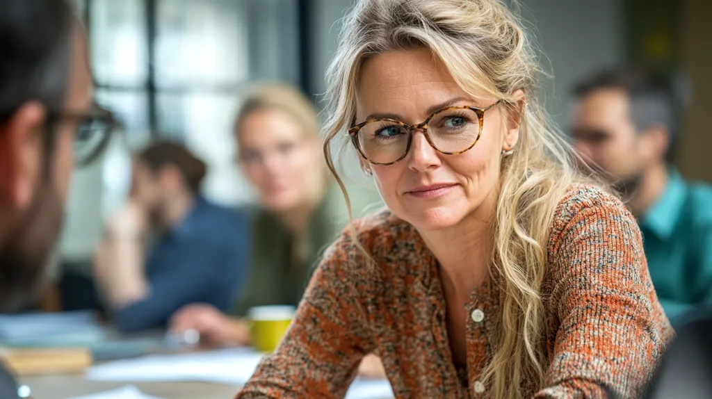 A middle-aged woman with blonde hair and tortoiseshell glasses is the focal point of the image.  She's dressed in a rust-colored patterned top and looks directly at the viewer with a serious yet approachable expression.  The background is blurred, showing several other people in a work setting, suggesting a meeting or collaborative environment.  The overall atmosphere is one of professional engagement and focus.