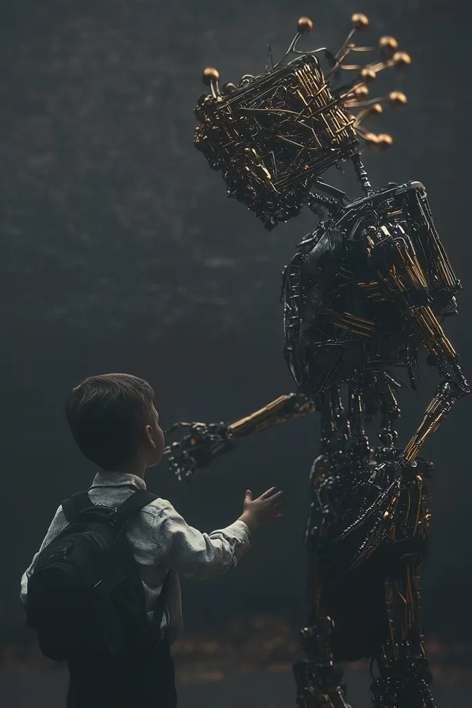 A young boy with a backpack extends his hand towards a towering, intricate robot. The robot, constructed from dark metal and gold accents, has a complex head resembling a clockwork mechanism.  The scene is dimly lit, creating a mysterious and somewhat melancholic atmosphere.  The contrast between the child's small size and the robot's imposing stature highlights a potential theme of human interaction with advanced technology. The image evokes a sense of wonder and perhaps a hint of apprehension.
