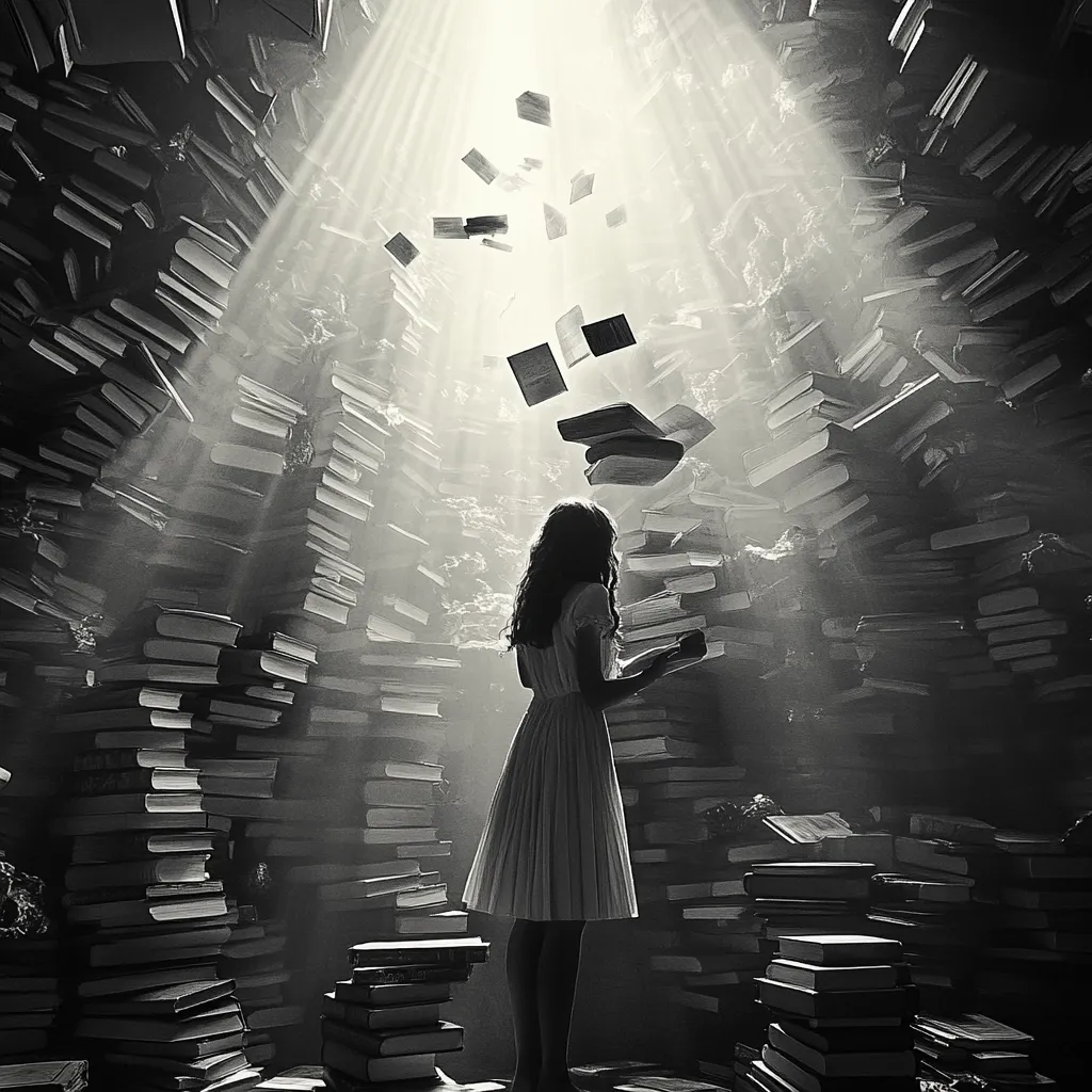 Here's a description of the image:

A monochromatic image depicts a young girl in a simple white dress standing amidst a towering, cavernous expanse of books.  Books are stacked haphazardly in piles reaching toward the ceiling, creating a dramatic and almost overwhelming scene.  A shaft of light penetrates the book-filled chamber from above, illuminating the girl and casting dramatic shadows.  Some books are floating in mid-air, adding to the surreal, dreamlike quality of the image.  The overall effect evokes a sense of wonder and the immense power of literature.